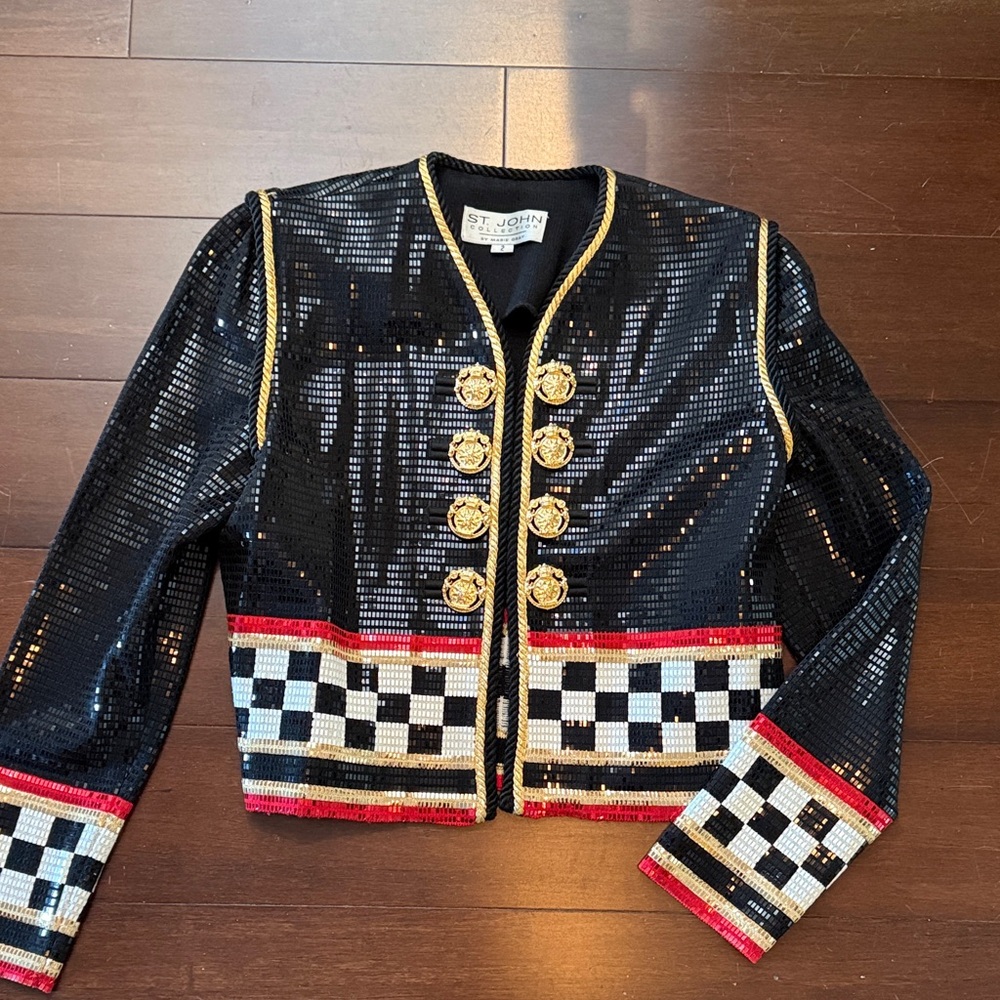 St. John Collection Black Sequins Ferrari Jacket with Large Black Buttons Size 2